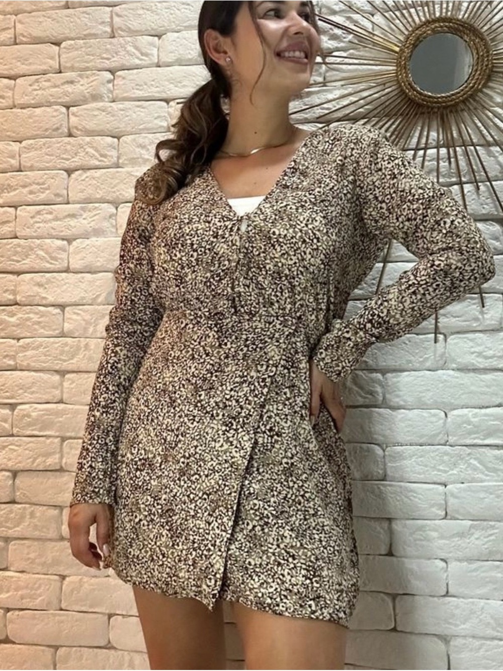 Zara Beige and Black Floral Long-Sleeve Wrap Dress